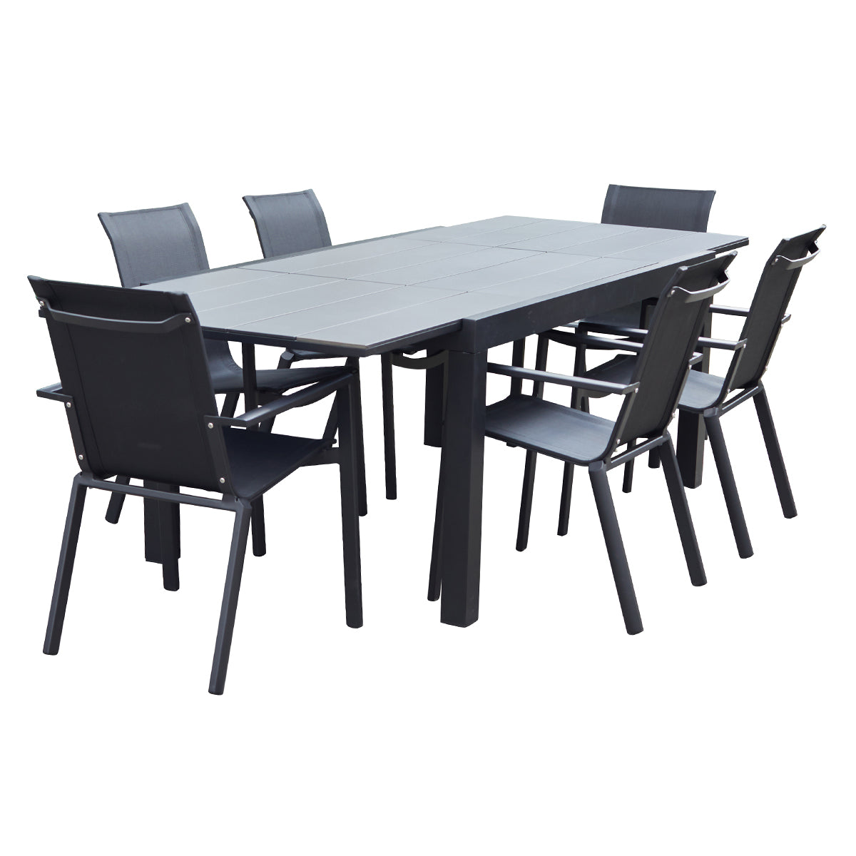 HPL STAR - Salon de jardin aluminium noir et textilène gris 6/10 pers.