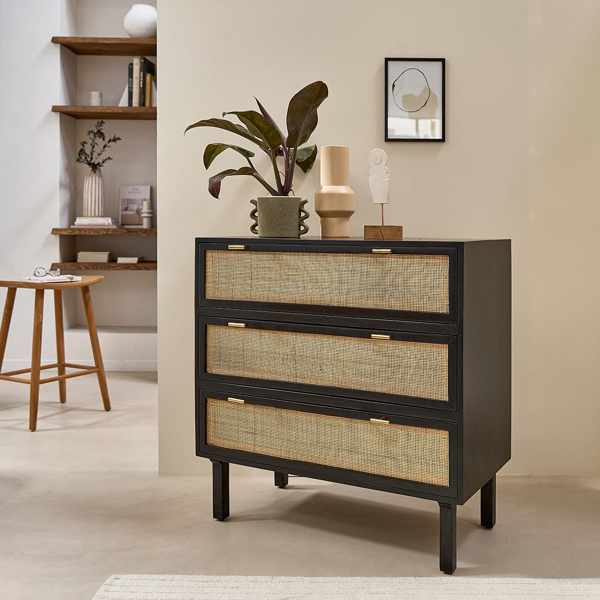 BLAISE - Commode en manguier massif et cannage noire 90 cm