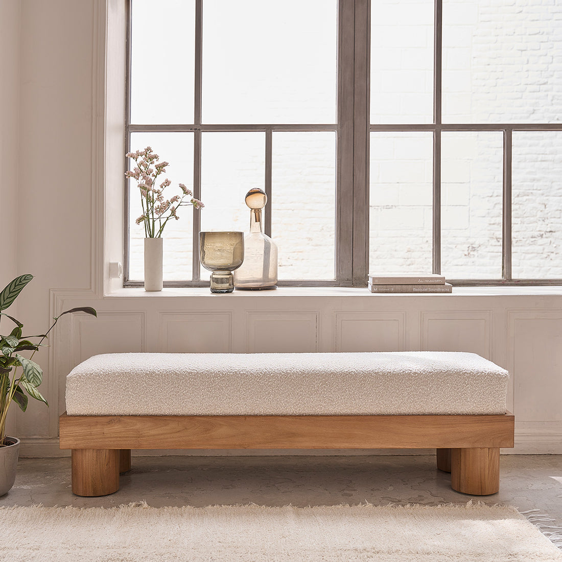 THÉODORE - Banc en teck massif et tissu bouclette 140 cm