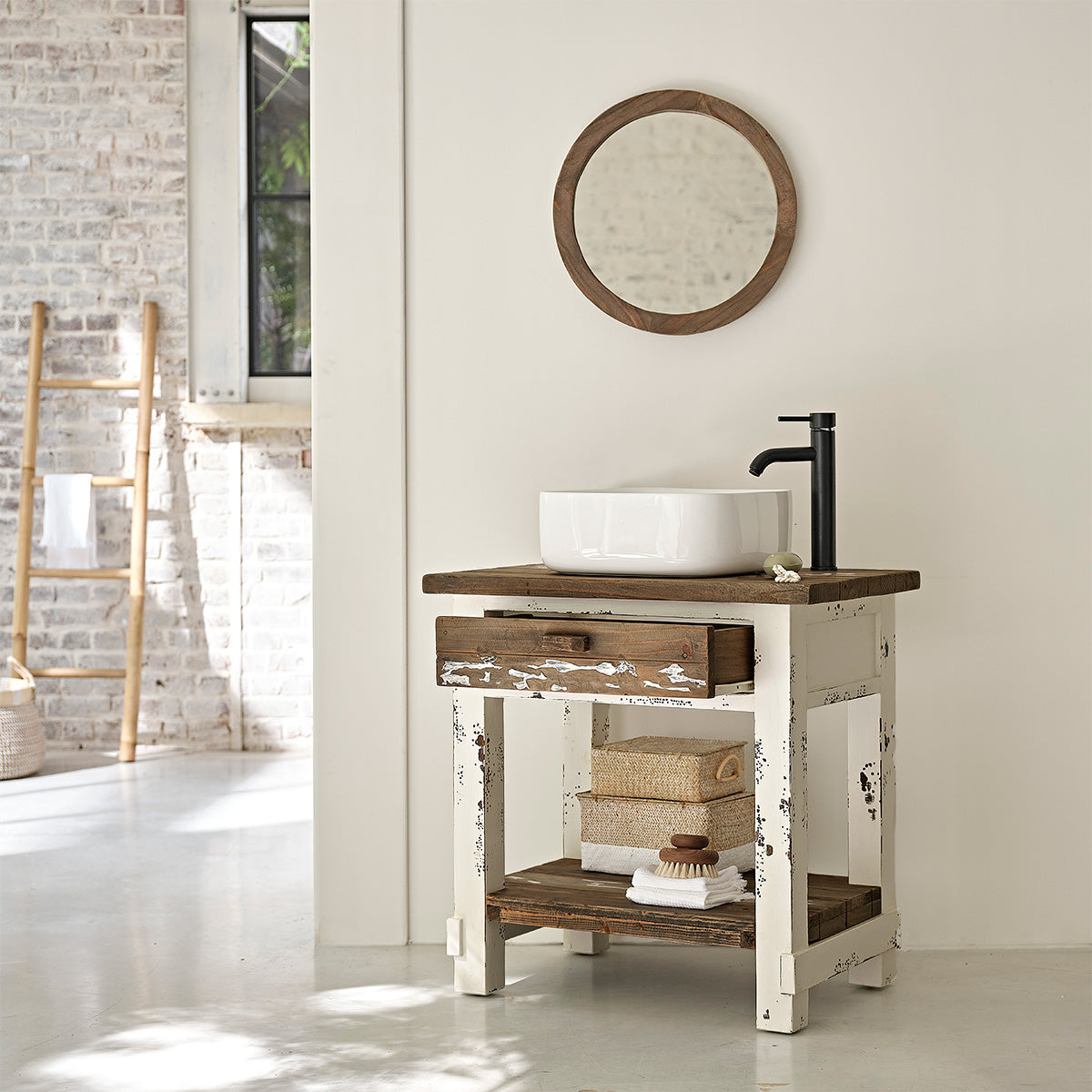 SEZANNE - Meuble sous vasque en bois recyclé massif 80 cm