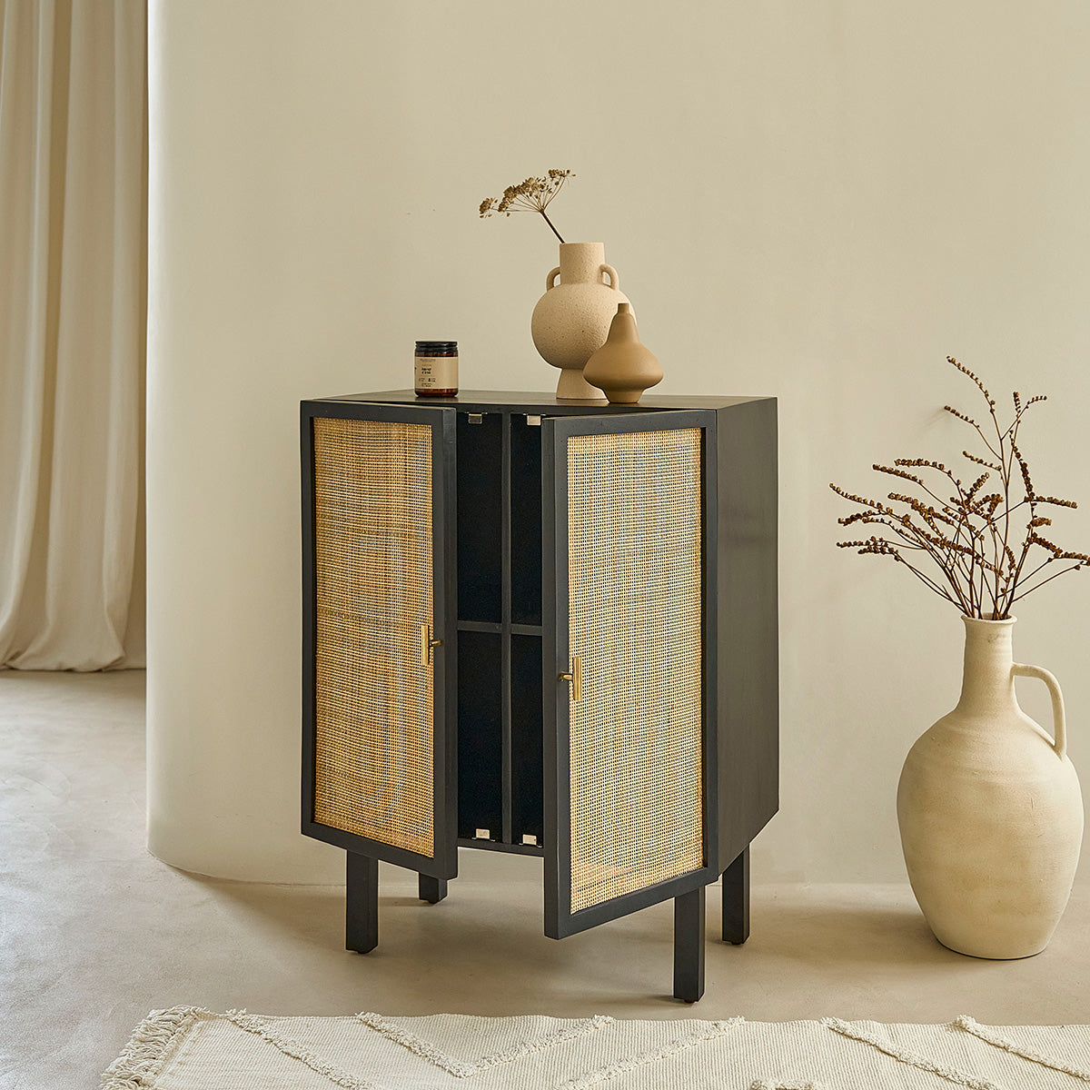 BLAISE - Buffet en manguier massif noir et cannage 68 cm