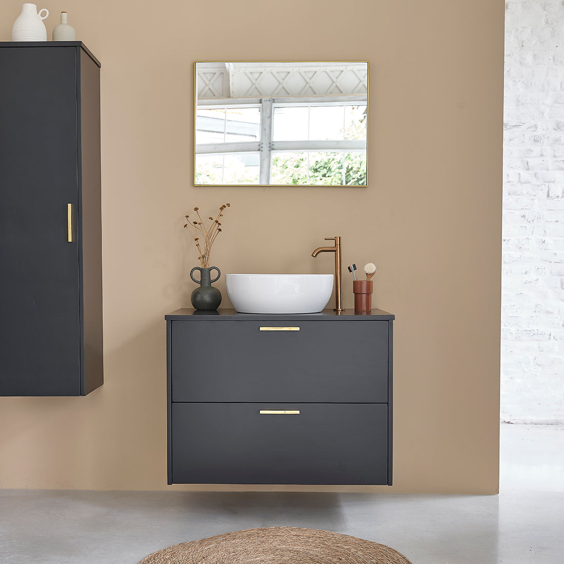 LUNA - Meuble sous vasque en acacia massif suspendu 80 cm noir