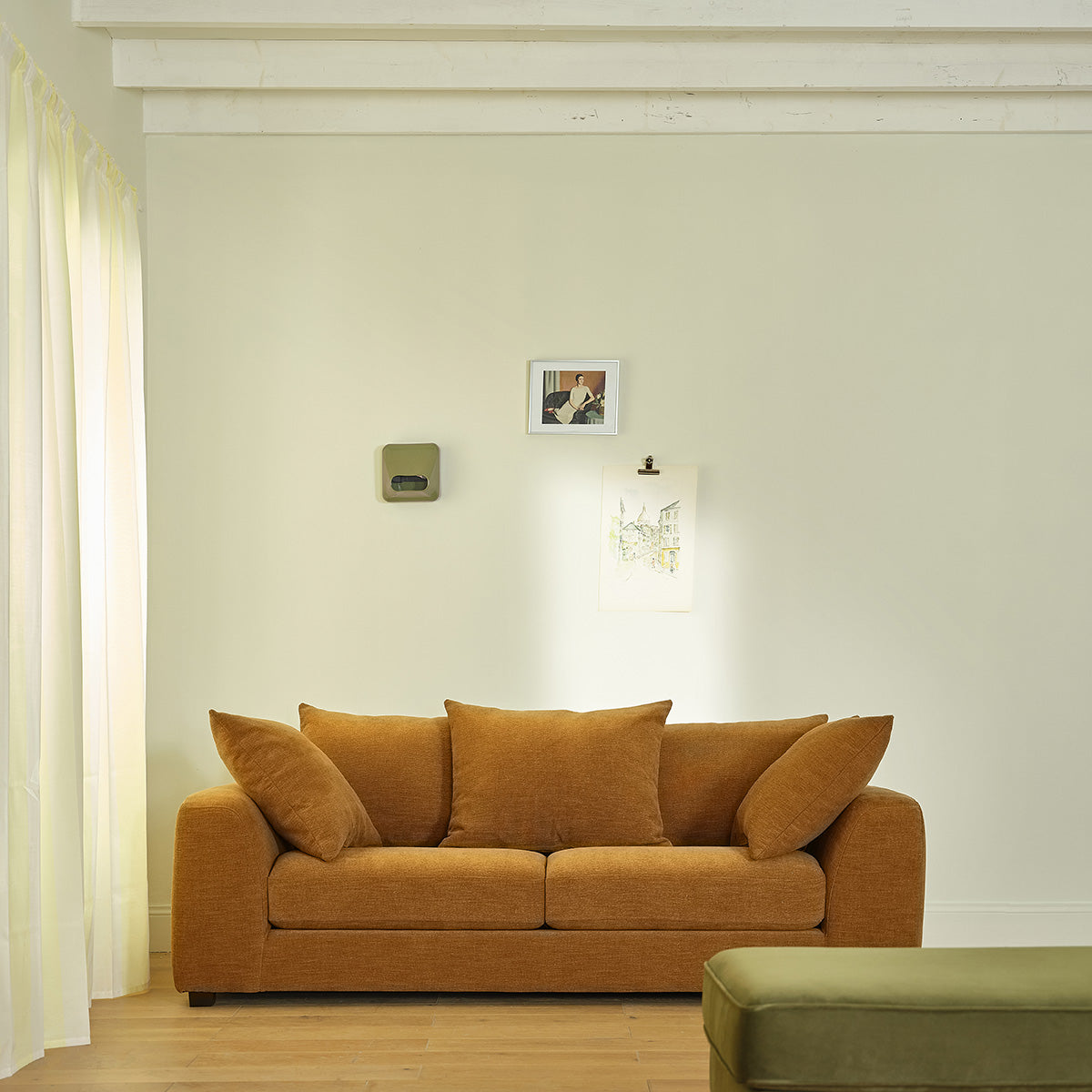 EDMOND - Canapé droit 3 places en tissu effet lin bronze