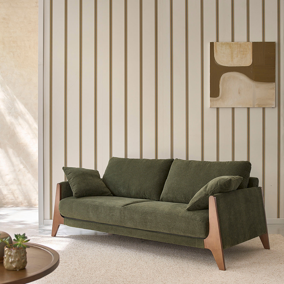 ONDINE - Canapé droit 3 places en bois massif et tissu velours vert mousse