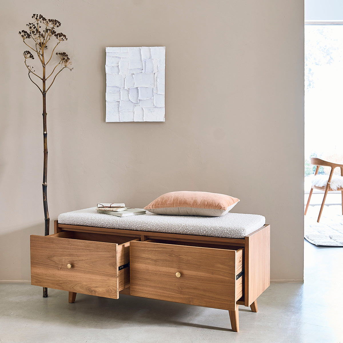 SERENE - Banc en teck massif et tissu bouclette 120 cm