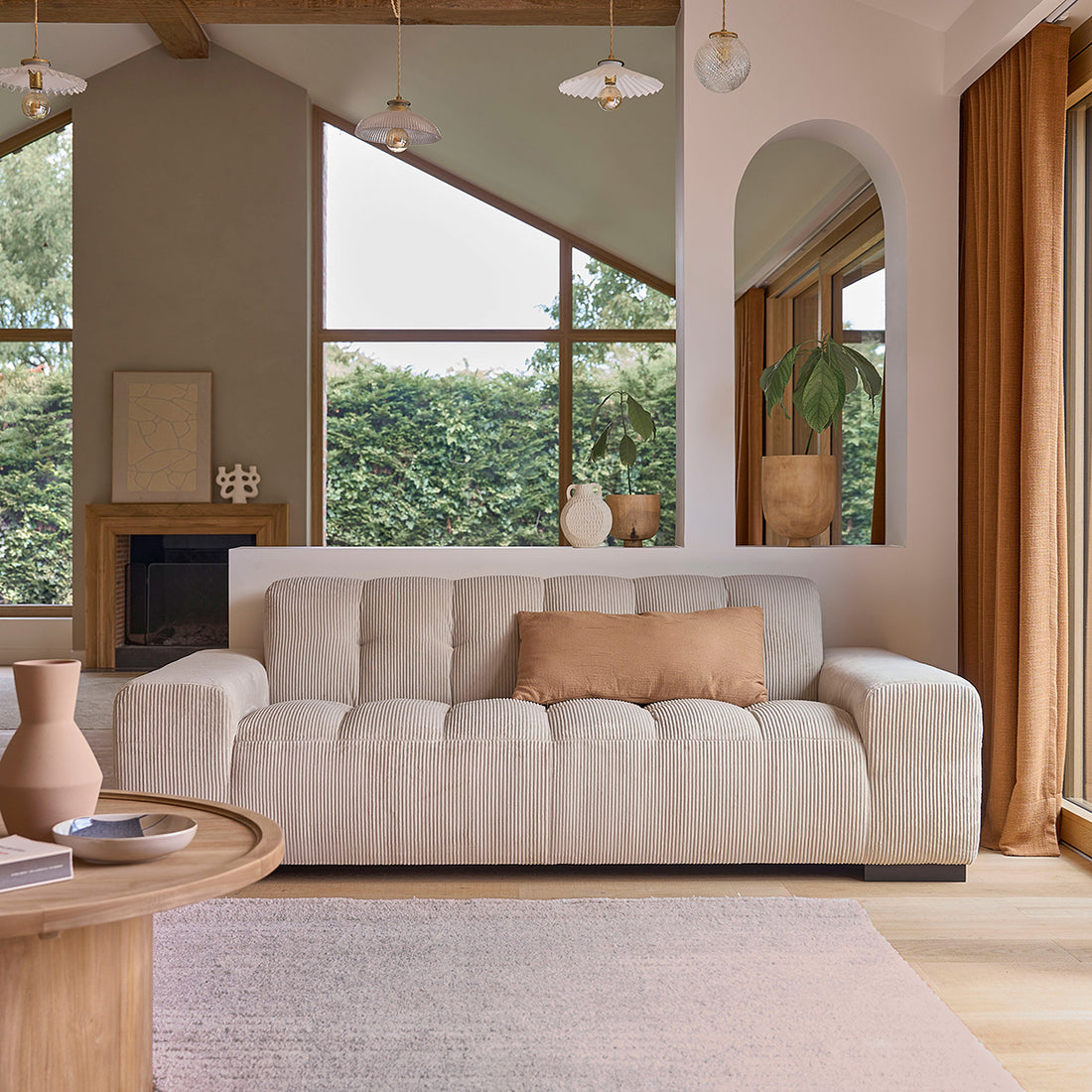 ALPHONSE - Canapé droit 3 places en velours côtelé écru