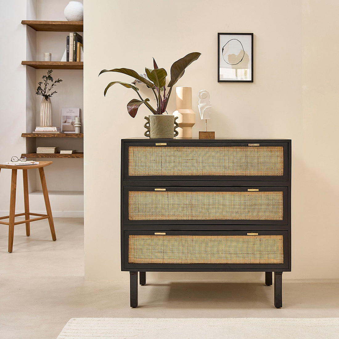 BLAISE - Commode en manguier massif et cannage noire 90 cm