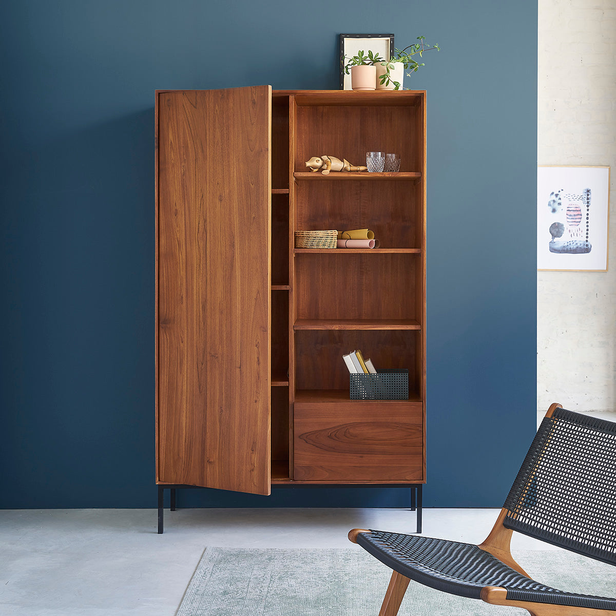 LINA - Armoire en teck massif et métal 110 cm