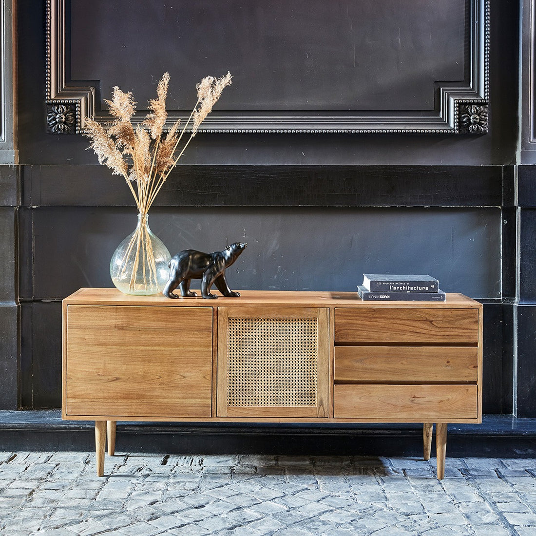 HANA - Commode en mindi massif et cannage 175 cm