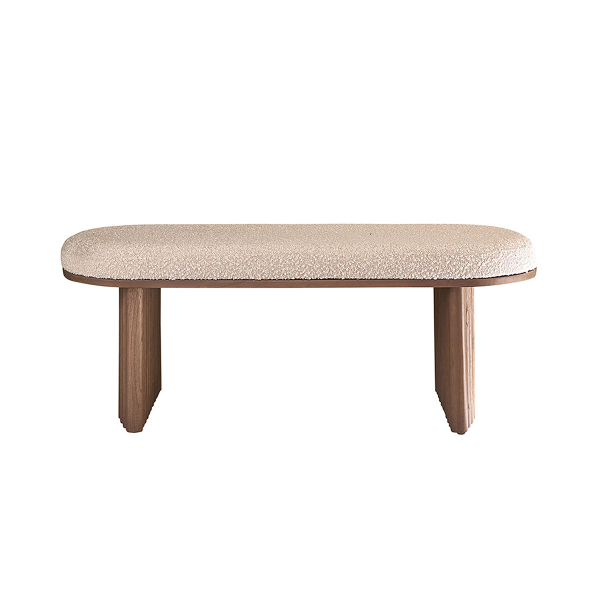 MARLOW - Banc en mindi massif finition noyer et tissu bouclette 120 cm