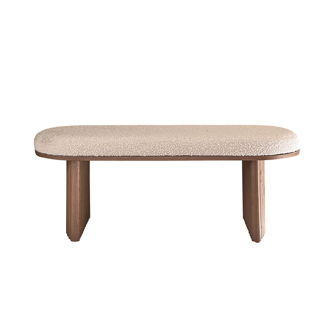 MARLOW - Banc en mindi massif finition noyer et tissu bouclette 120 cm
