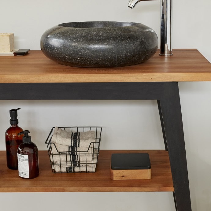 SARA - Meuble de salle de bain en teck massif pieds noirs 150 cm