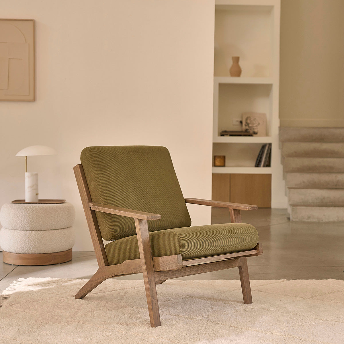 SERENE - Pouf en teck massif et tissu bouclette blanc Ø55 cm