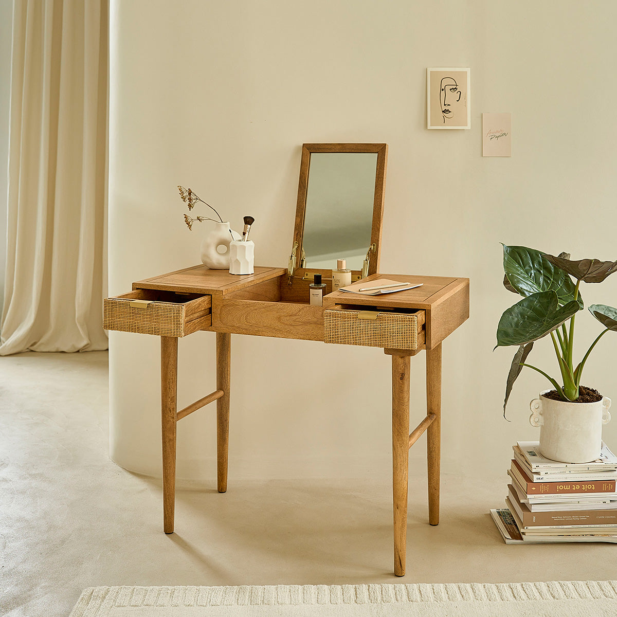 FELICIE - Bureau en manguier massif et cannage 90 cm