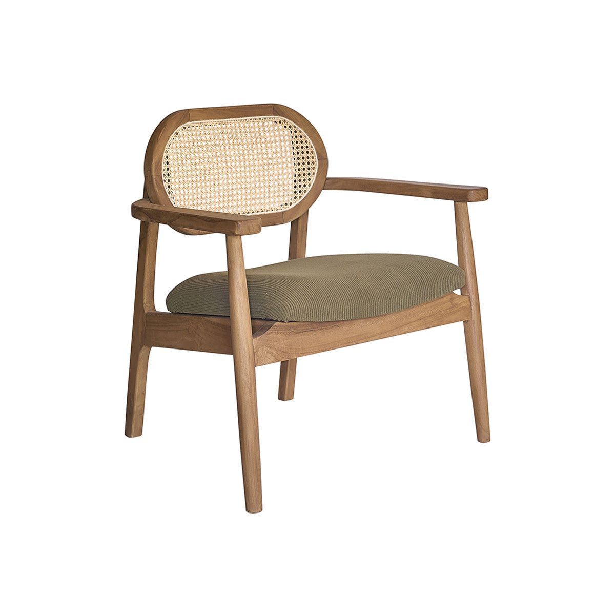 SABI - Fauteuil en teck massif, cannage et tissu velours côtelé kaki
