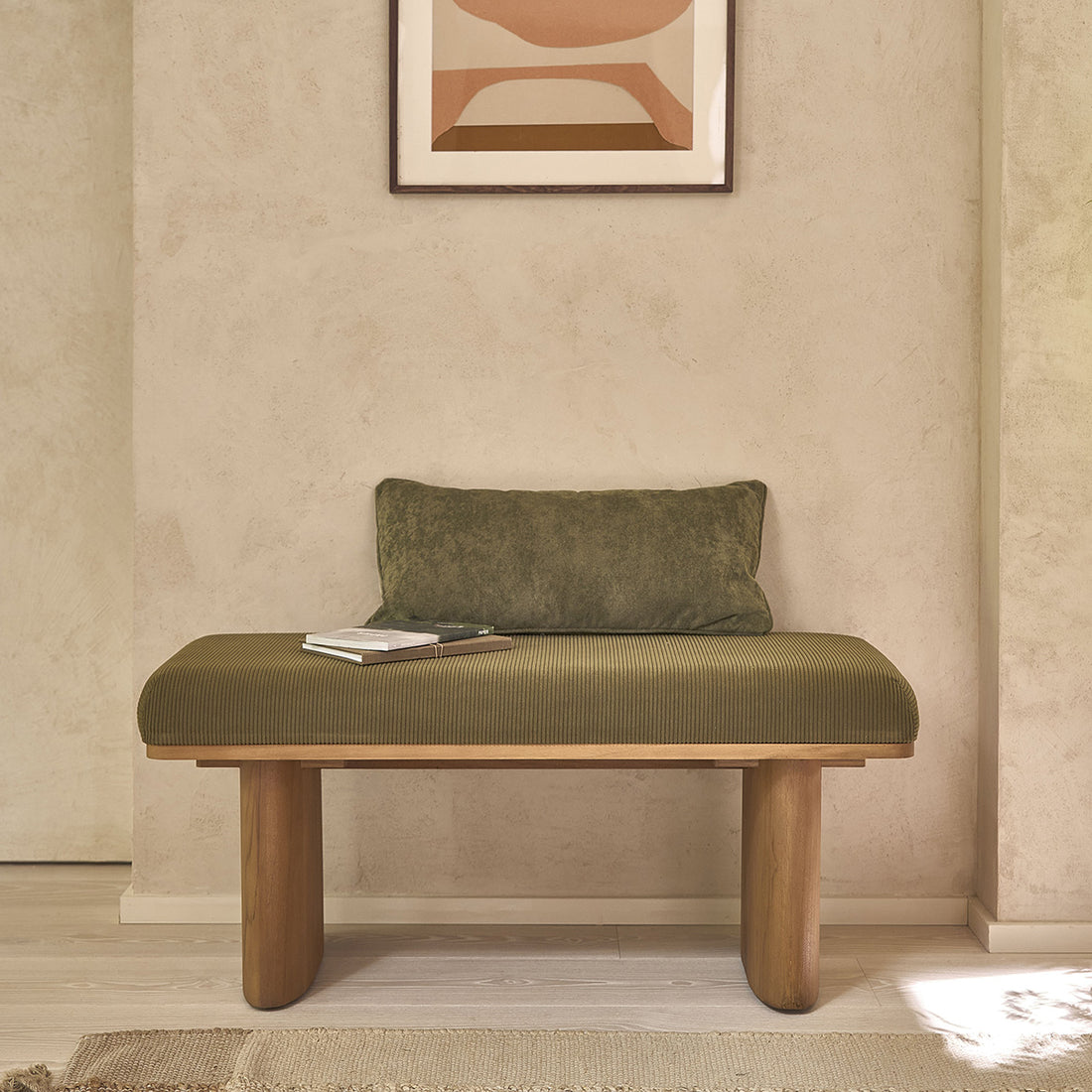 AMBRE - Banc en teck massif et tissu velours cotelé vert 100 cm
