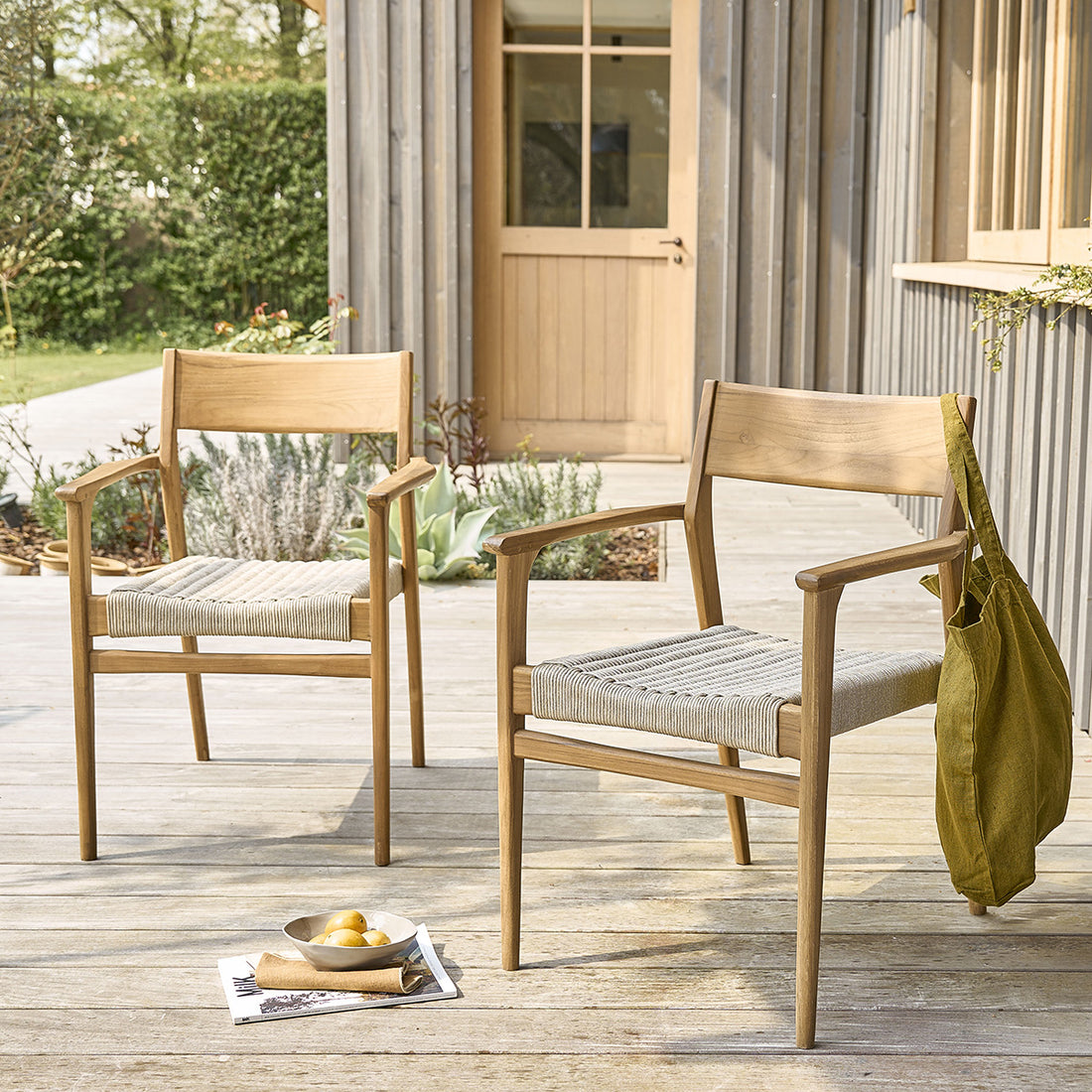 LIVIE - Fauteuil de jardin en teck massif et cordage beige (lot de 2)