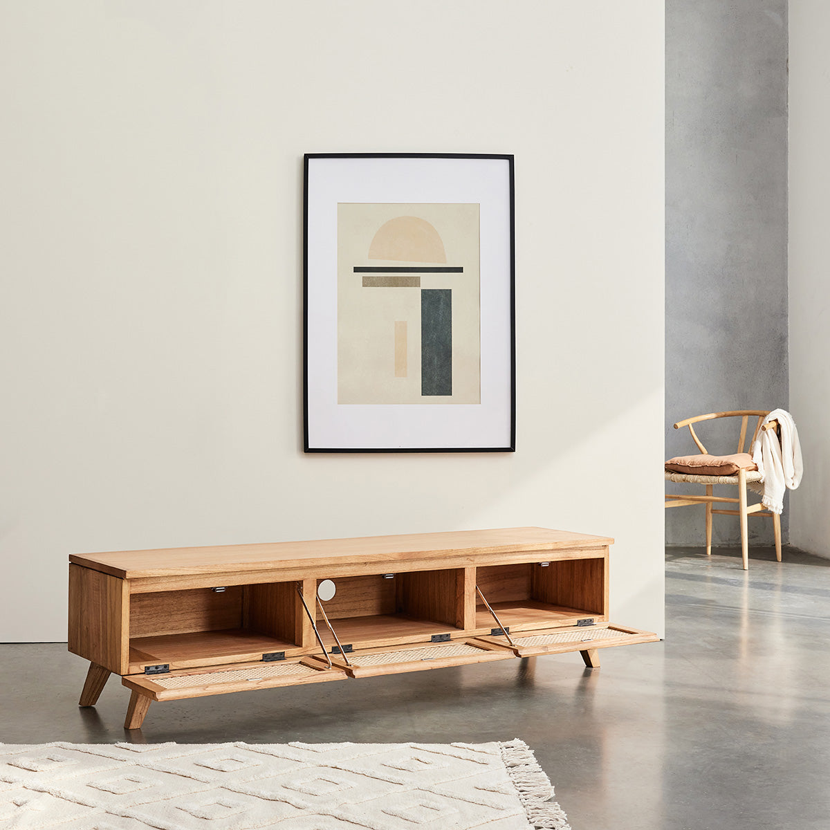 ISÉE - Meuble TV en mindi massif et cannage 160 cm