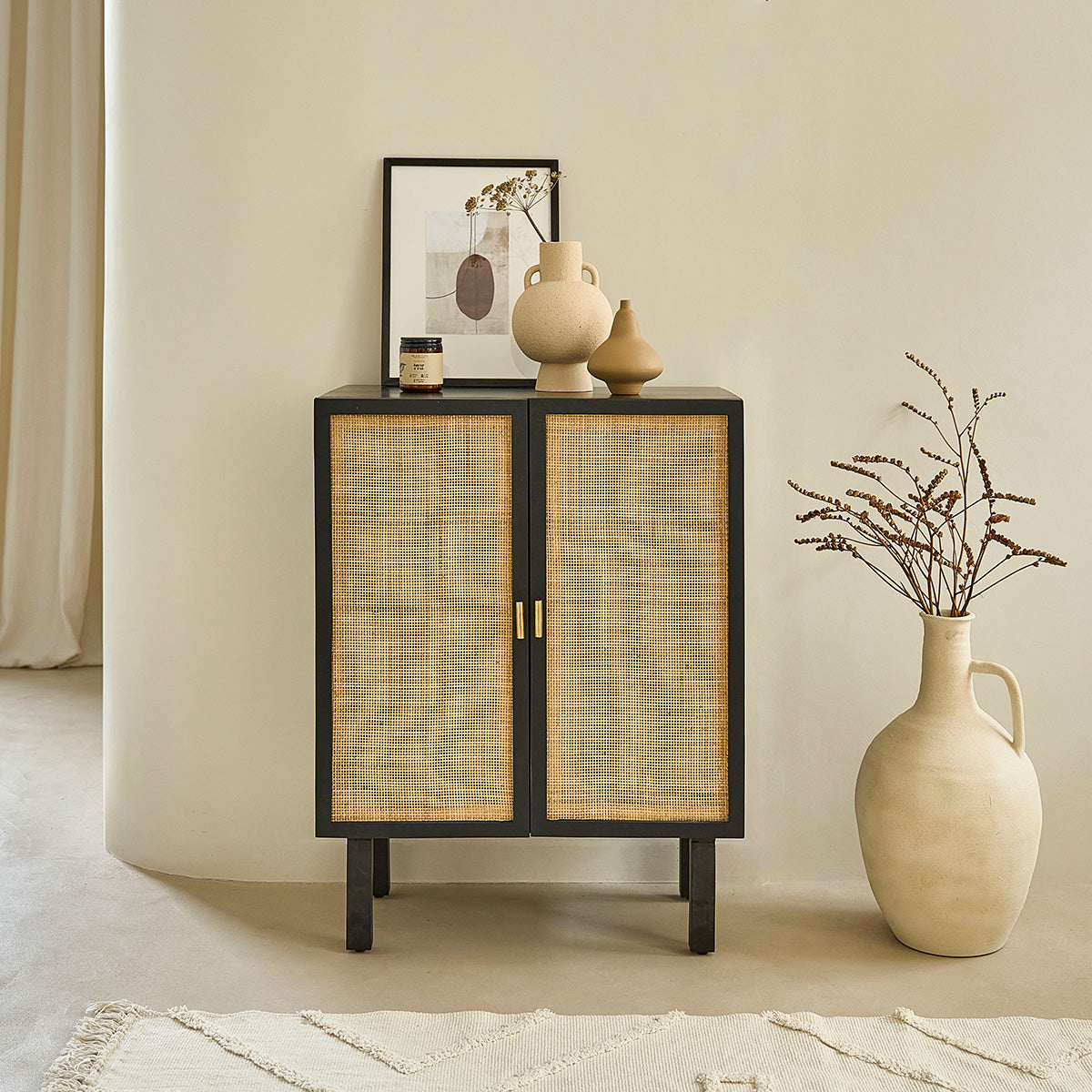 BLAISE - Buffet en manguier massif noir et cannage 68 cm