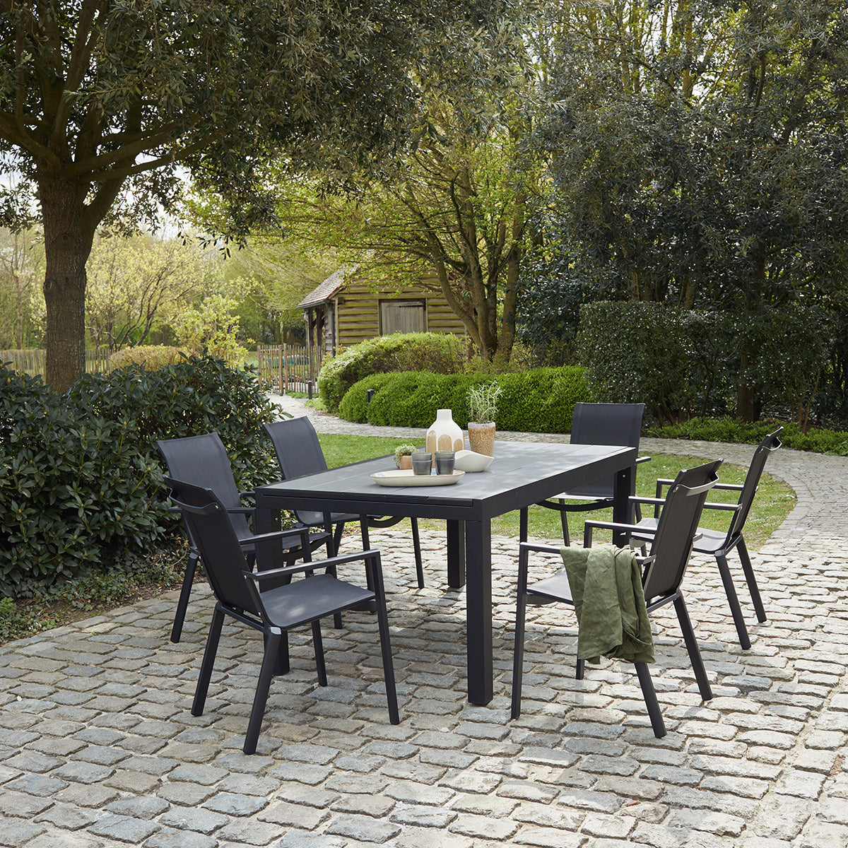 HPL STAR - Salon de jardin aluminium noir et textilène gris 6/10 pers.