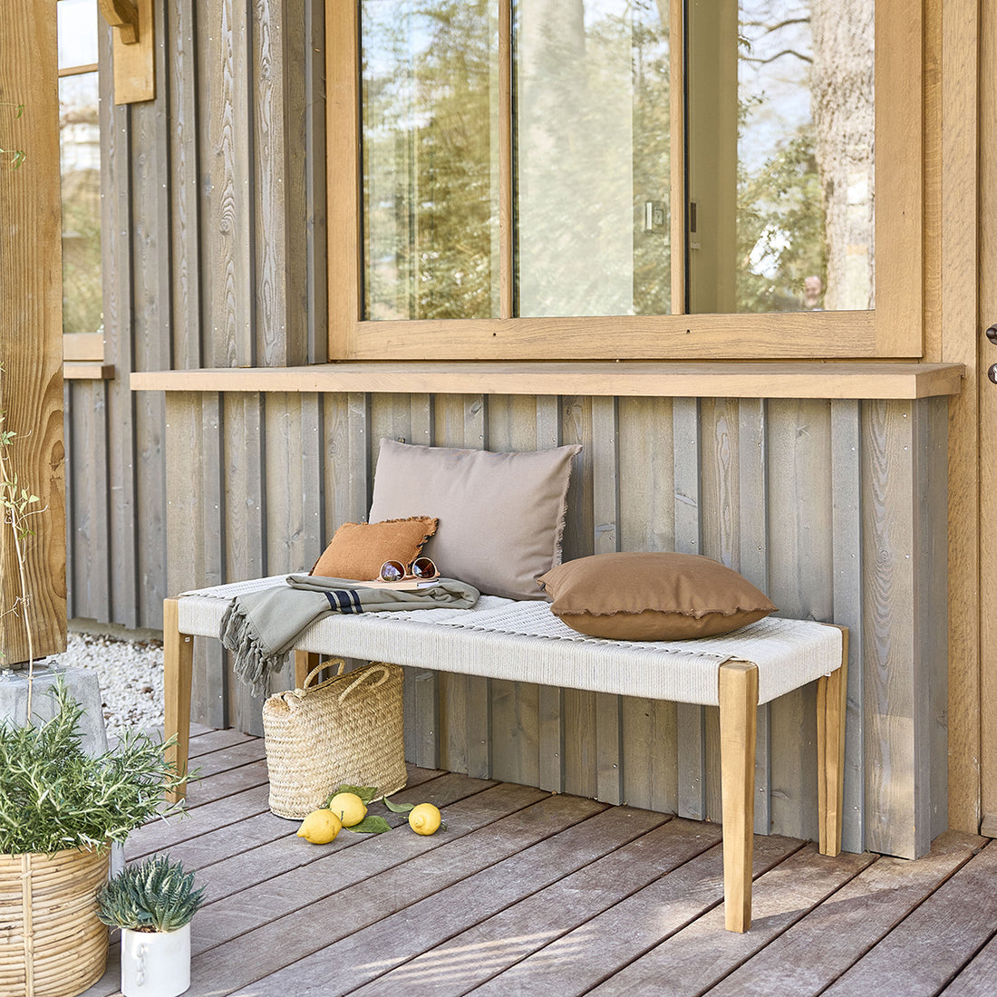 LIVIE - Banc de jardin en teck massif et cordage beige