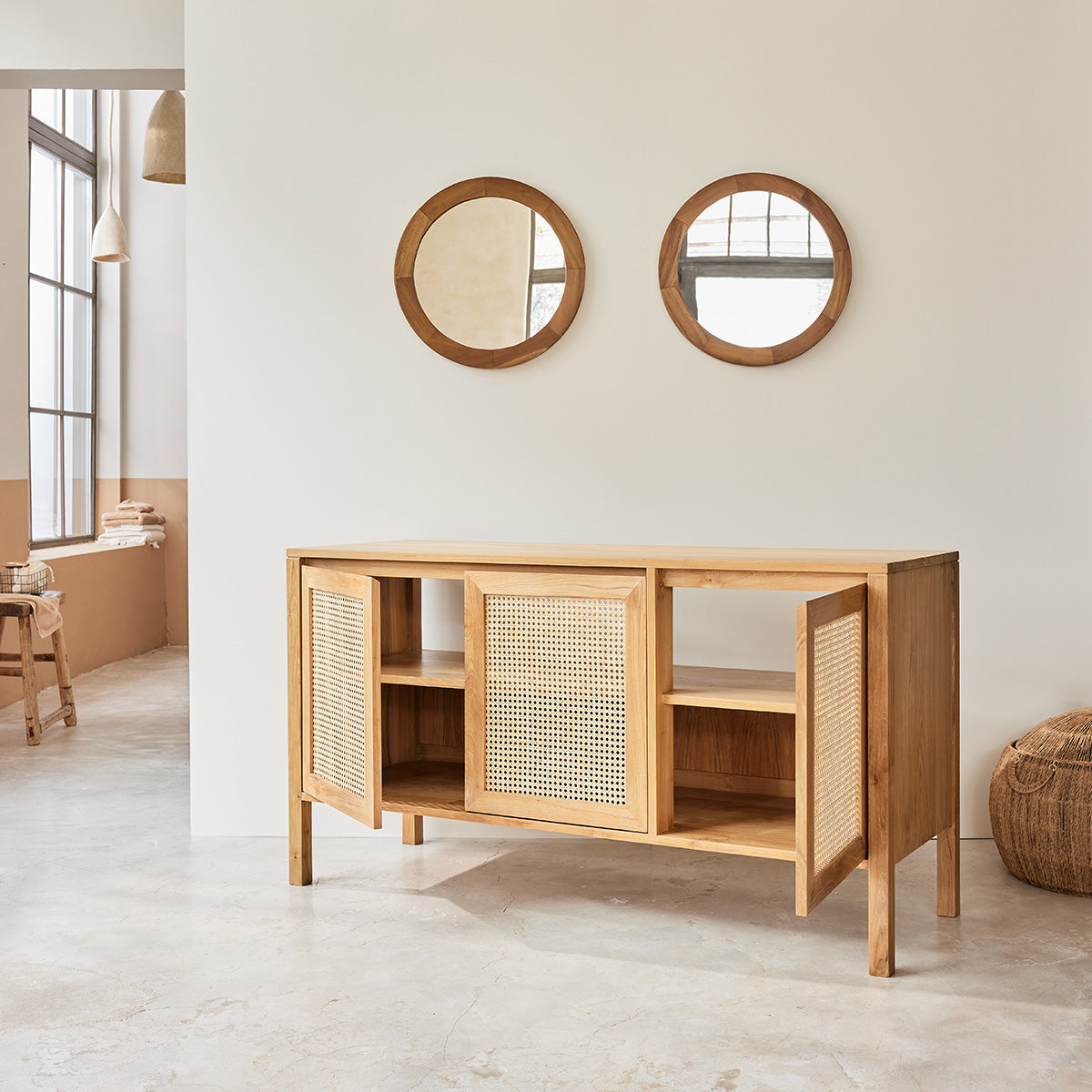 ELIOTT - Meuble sous vasque en teck massif et cannage 145 cm